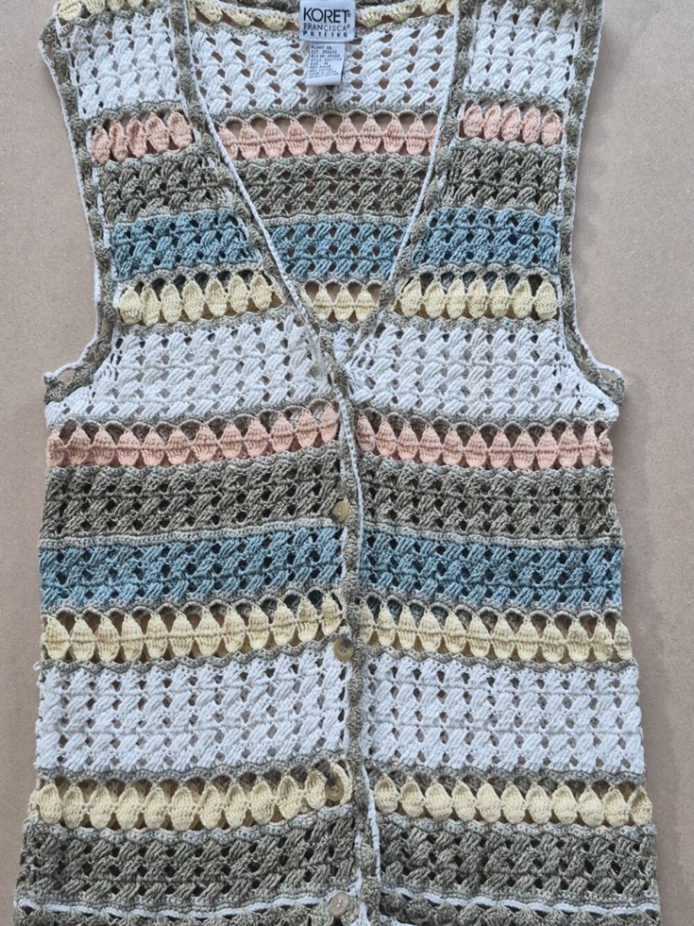 Vintage Koret Francisca Petites M Crochet Vest Ramie Cotton Pastel Button Boho